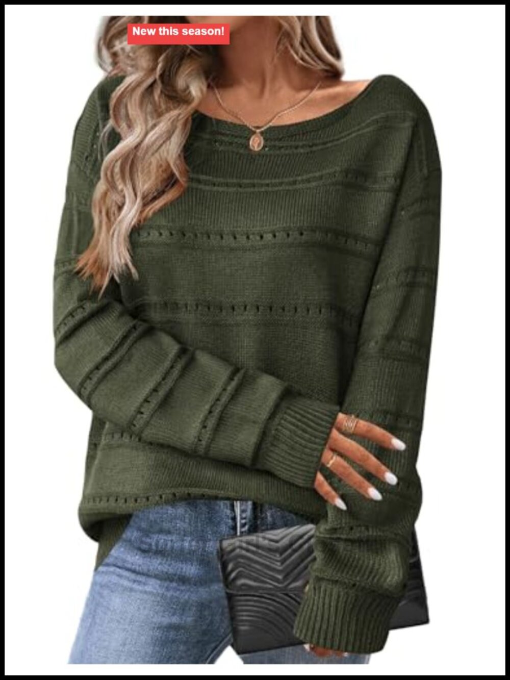 Womens Off The Shoulder Crochet Sweater Boat Neck Long Sleeve Pullover